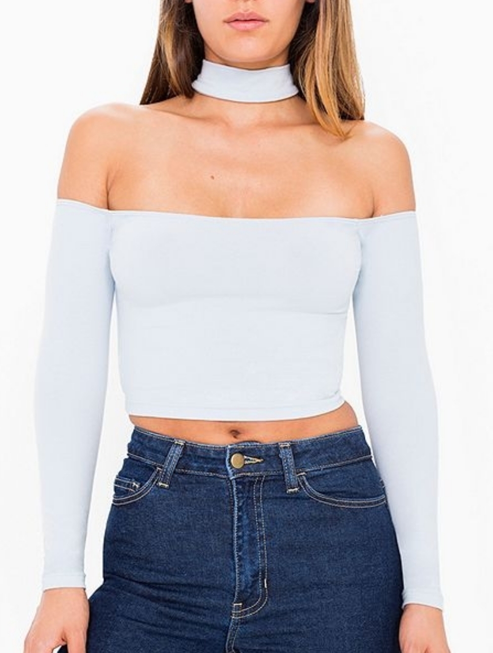 Made In The USA 2016 American Apparel Blue Choker Off-Shoulder Crop Top | Large
